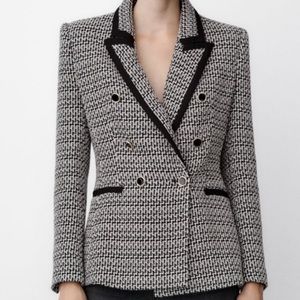 Zara Tweed Textured Blazer with Contrast Piping